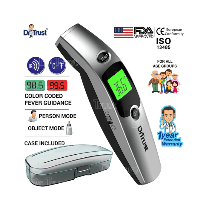 Dr Trust USA Infrared Forehead Temporal Artery Thermometer with Color Coded Fever Guidance Grey