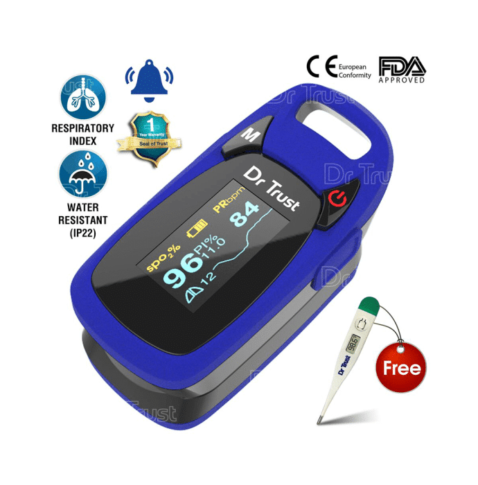 Dr Trust USA Professional Series Finger Tip Pulse Oximeter with Audio Visual Alarm and Respiratory Rate Blue