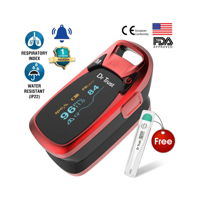 Dr Trust USA Professional Series Finger Tip Pulse Oximeter with Audio Visual Alarm and Respiratory Rate Red