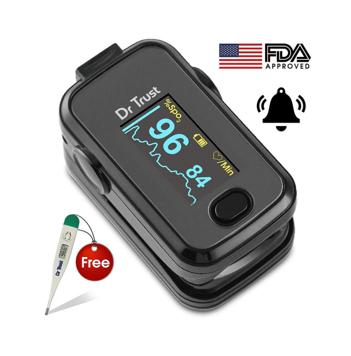 Dr Trust USA Signature Series Fingertip Pulse Oximeter with Audio Visual Alarm and Water Resistant Black